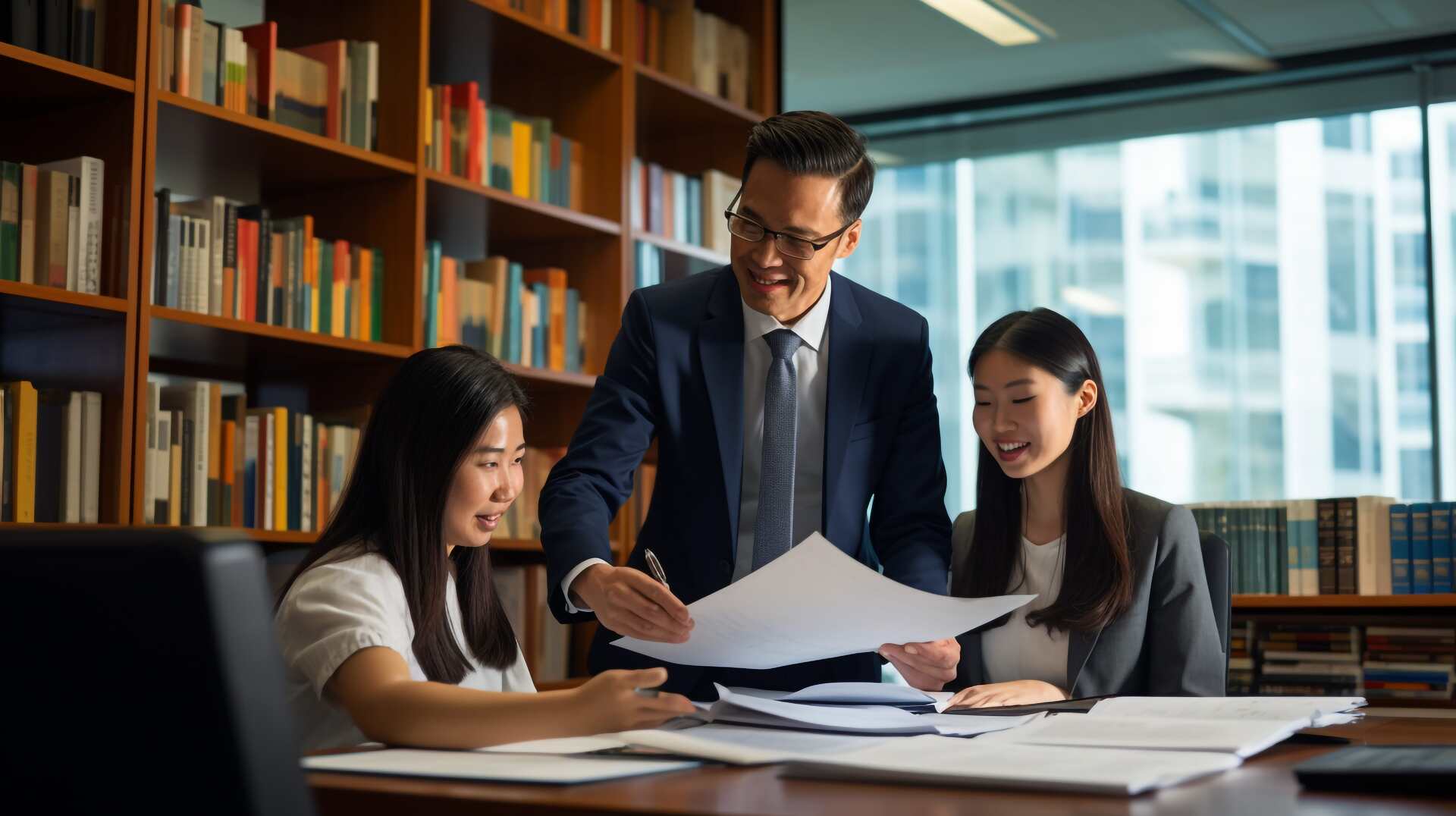 Professional young Asian financial advisor in modern Singapore office setting